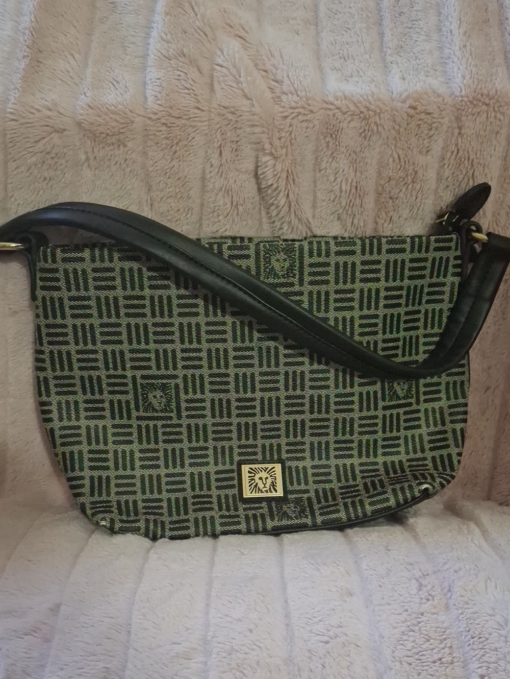 Green Patterned Crossbody Shoulder Bag with Black Trim